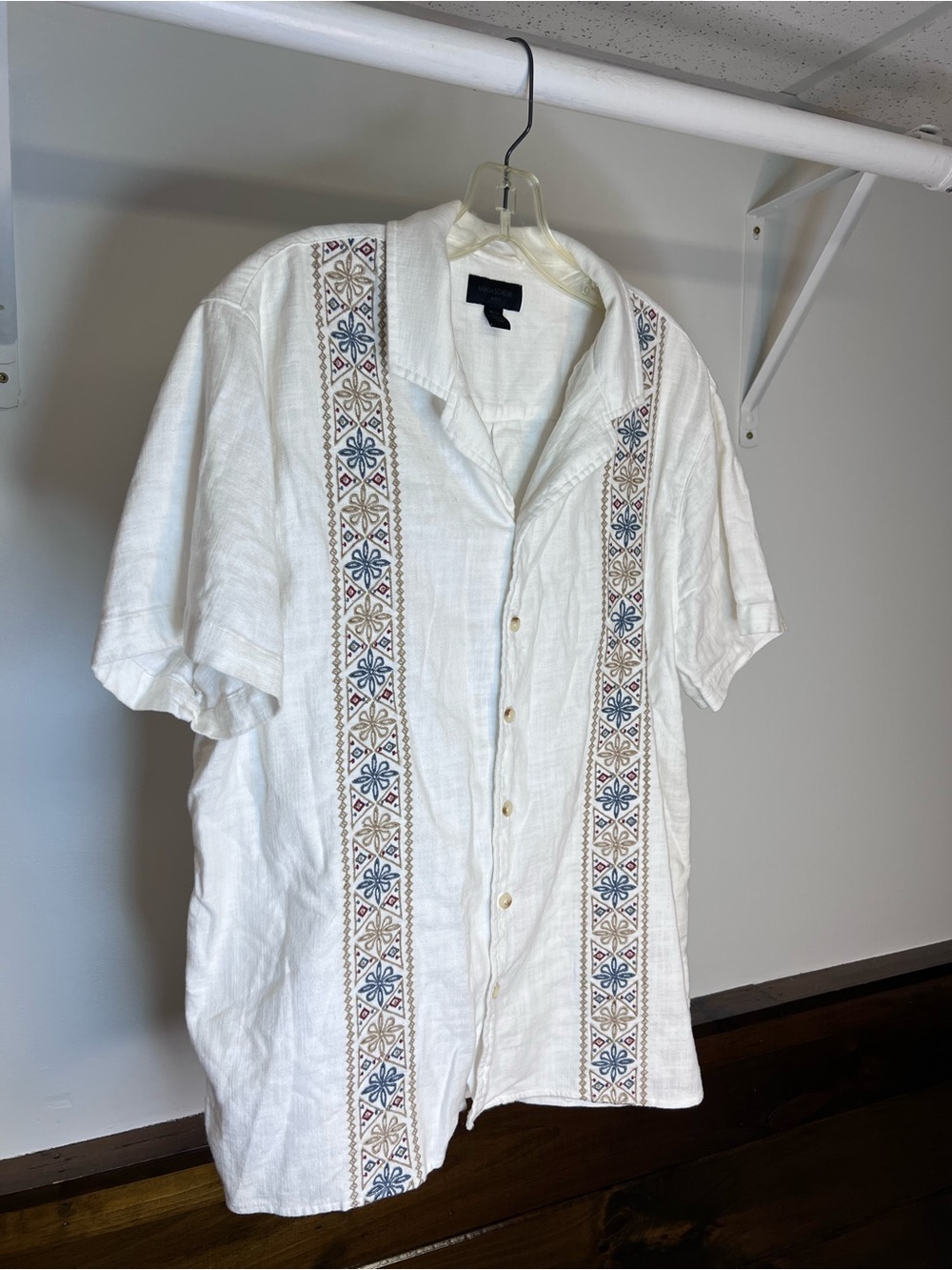Magaschoni Man  White Short-Sleeve Embroidered Button-Up Shirt- M
